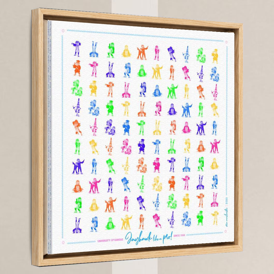 KU Jayhawk Pattern Art: Kansas Bright Canvas Print in a light oak float frame