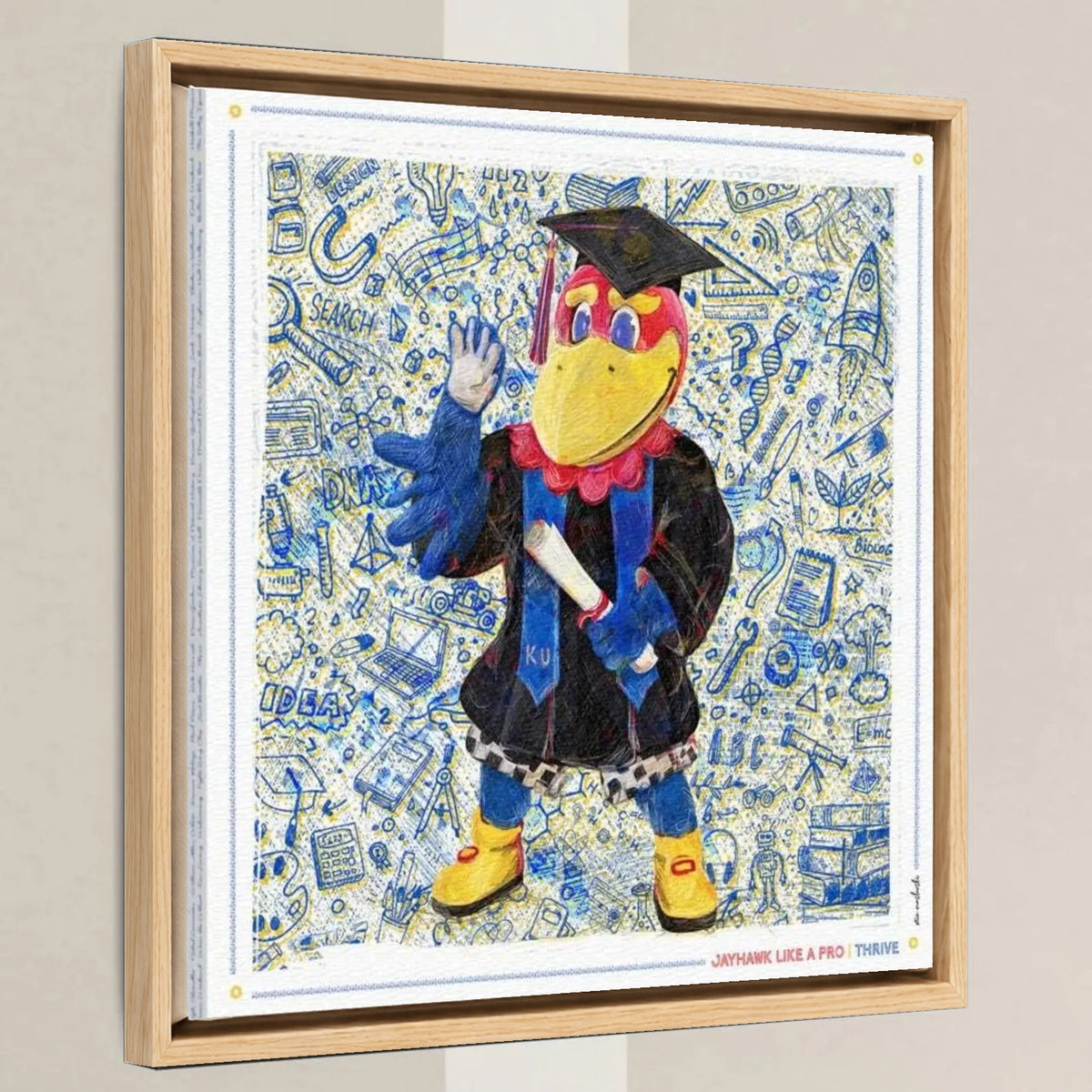 KU Jayhawk Thrive Art: University of Kansas Graduation Sketches Canvas Print in a light oak float frame