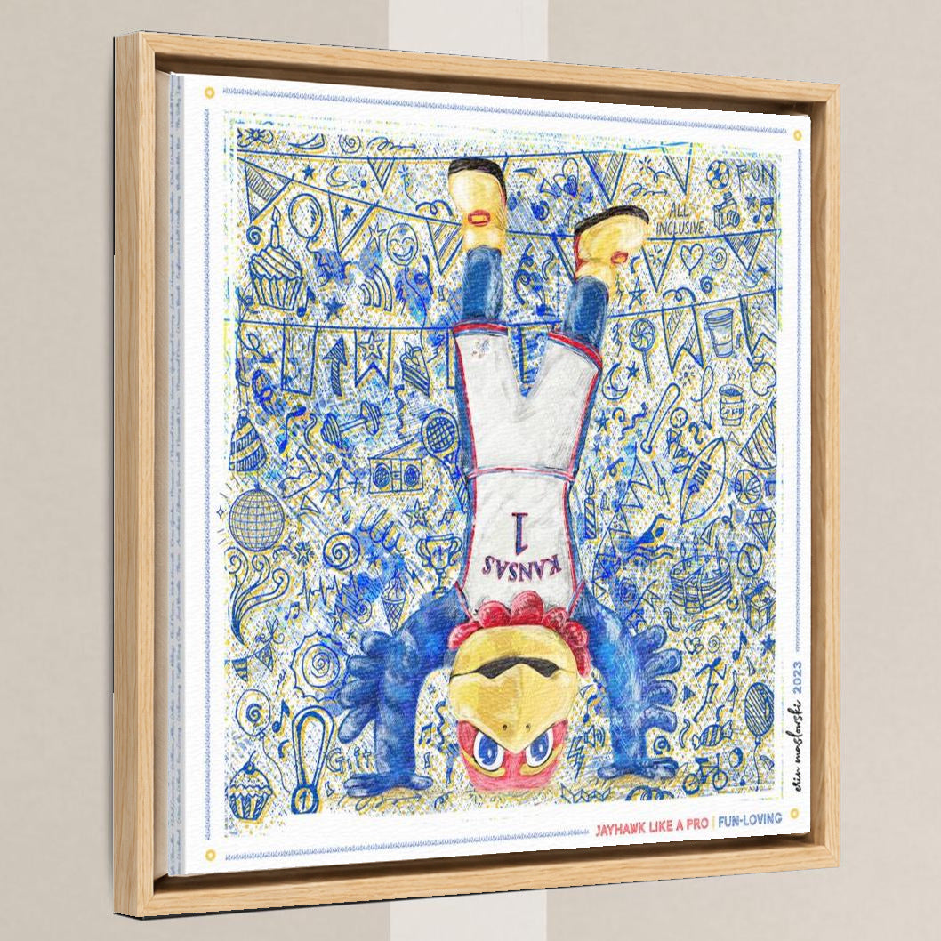 KU Jayhawk Fun-Loving Art: University of Kansas Handstand Sketches Canvas Print in a light oak float frame