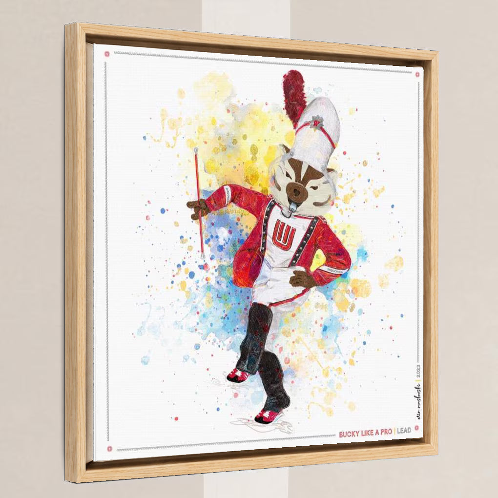 UW Bucky Badger Drum Major Art: Wisconsin Lead Canvas Print in a light oak float frame