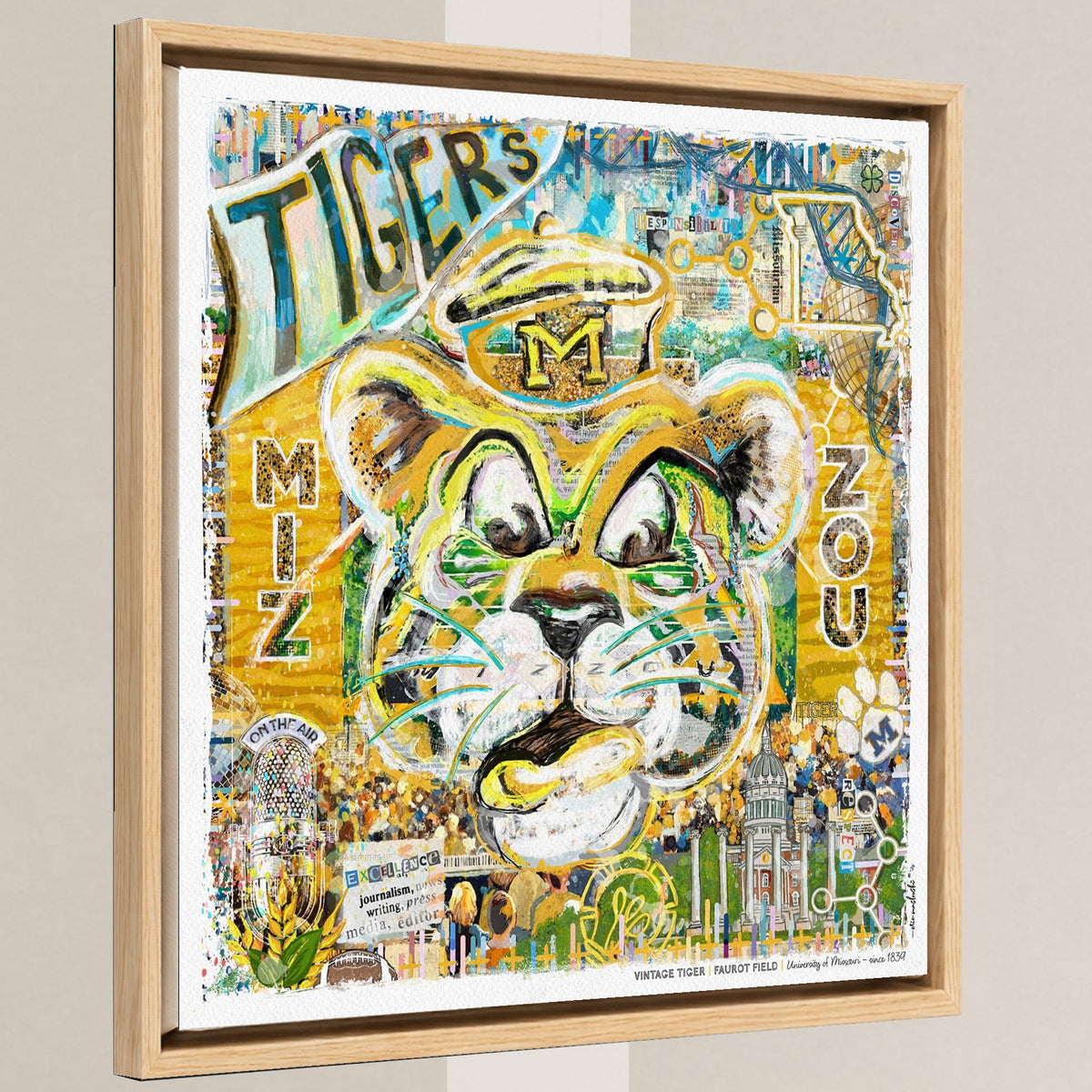 MU Vintage Mizzou Truman Tiger Art: Faurot Field Missouri Canvas Print in a light oak float frame