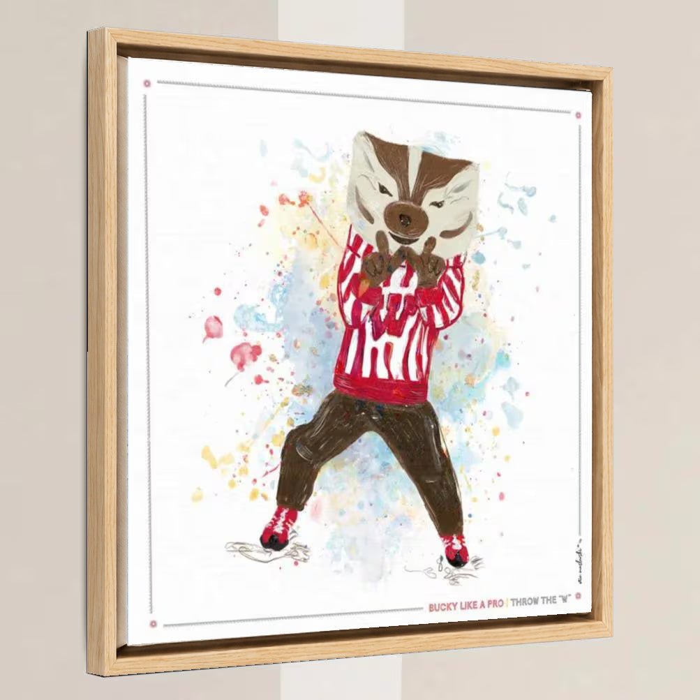 UW Bucky Badger Throw the W Art: University of Wisconsin Canvas Print in a light oak float frame