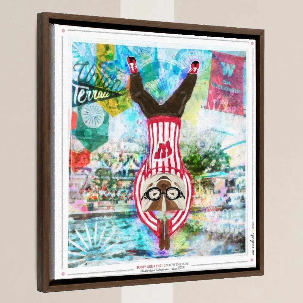 UW Bucky Badge Go with the Flow Art: University of Wisconsin Union Terrace Canvas Print in a walnut float frame