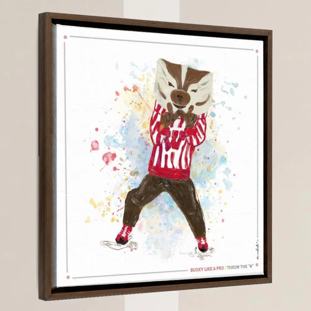 UW Bucky Badger Throw the W Art: University of Wisconsin Canvas Print in a walnut float frame