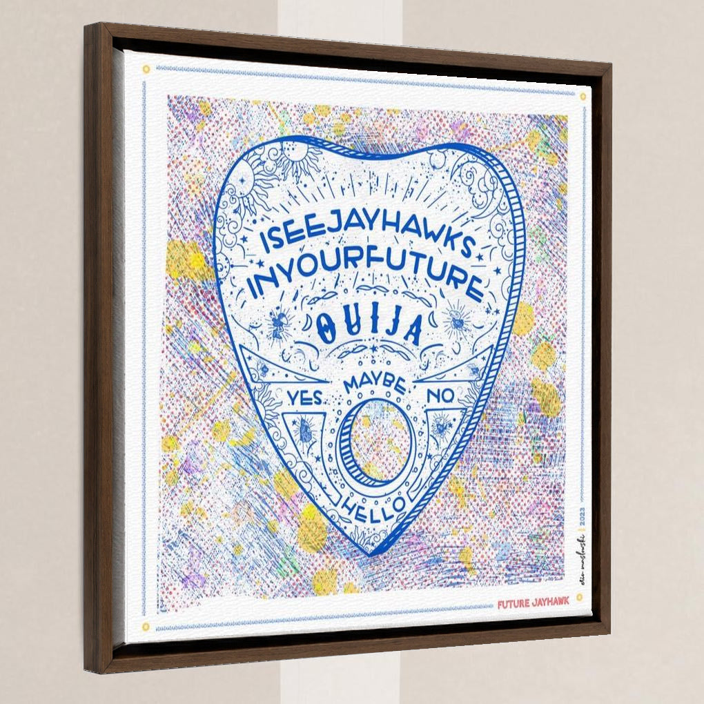 KU Ouija Jayhawk Prophecy Art: Kansas Graduation Print in a walnut float frame