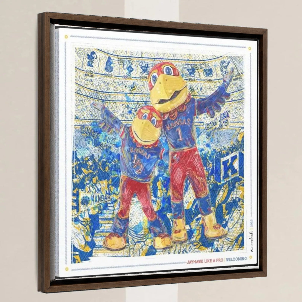 KU Jayhawk Welcoming Art: University of Kansas Big Jay and Baby Jay Sketches Canvas Print in a walnut float frame