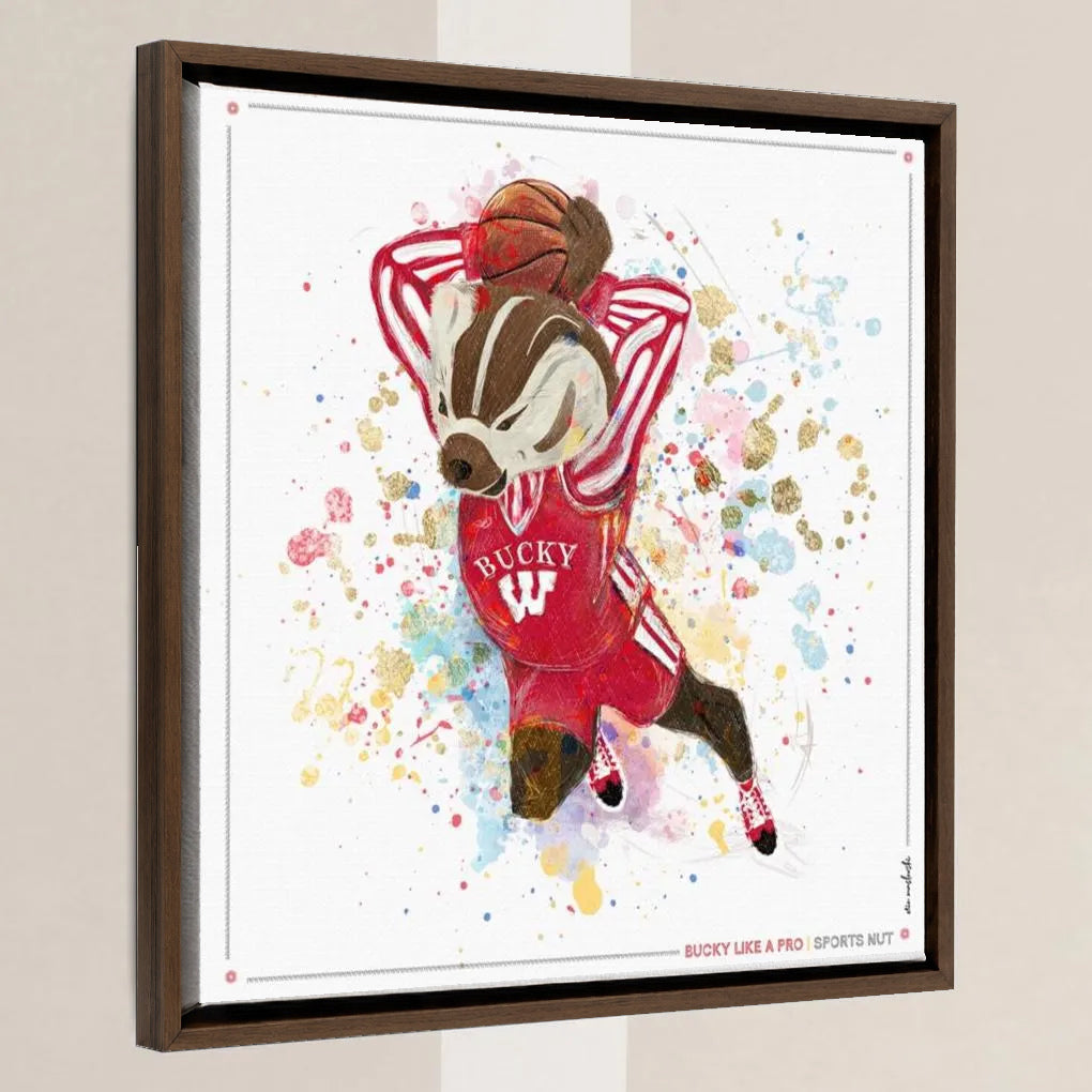 UW Bucky Badger Basketball Art: Wisconsin Sports Nut Canvas Print in a walnut float frame