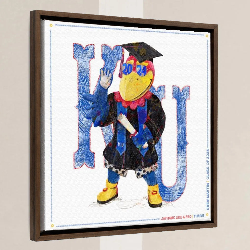 KU Personalized Jayhawk Wall Art: Graduation Canvas Print in a walnut float frame