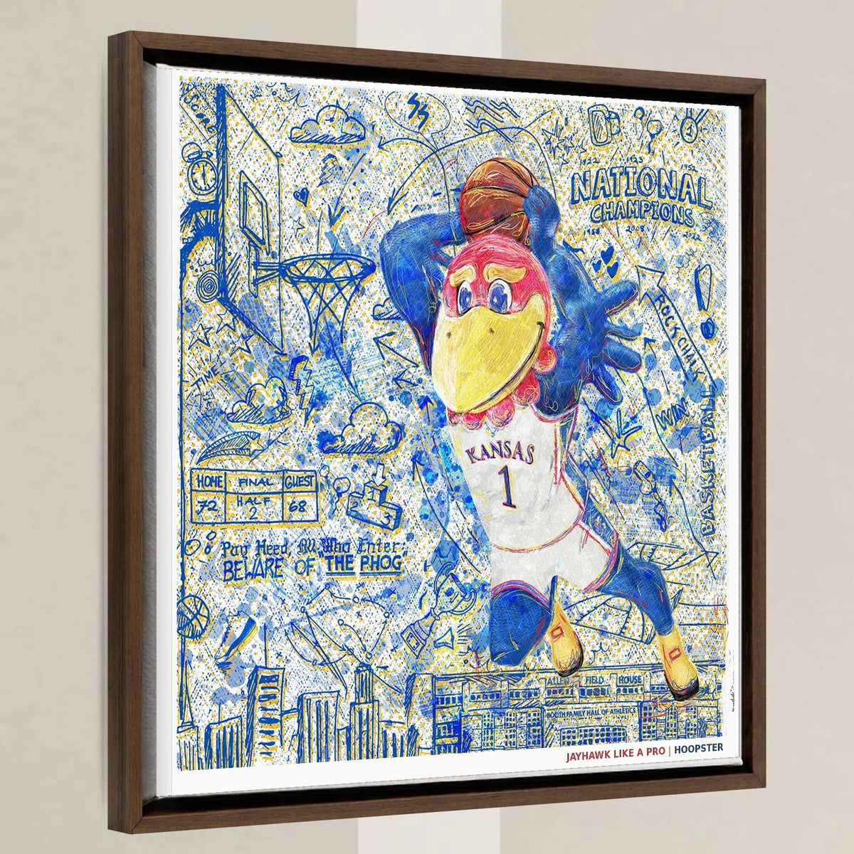 KU Jayhawk Hoopster Art: University of Kansas Basketball Sketches Canvas Print in a walnut float frame