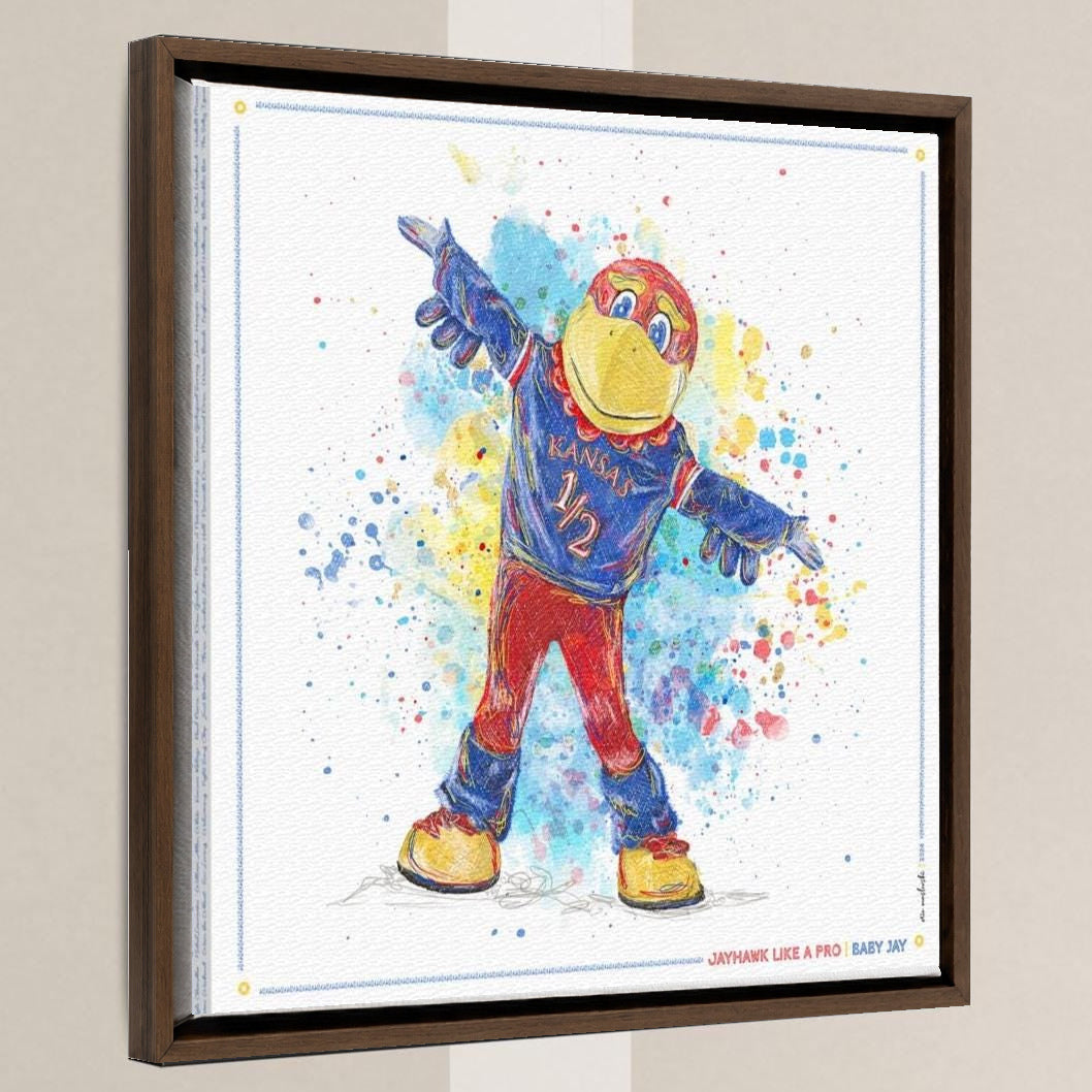 KU Jayhawk Baby Jay Art: University of Kansas Canvas Print in a walnut float frame
