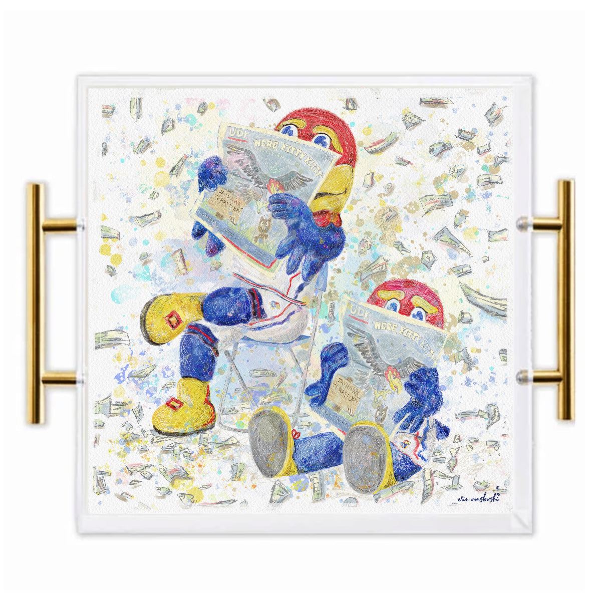 Kansas Jayhawk Acrylic Tray | Brushed Gold Handles | Double-Sided Art Print