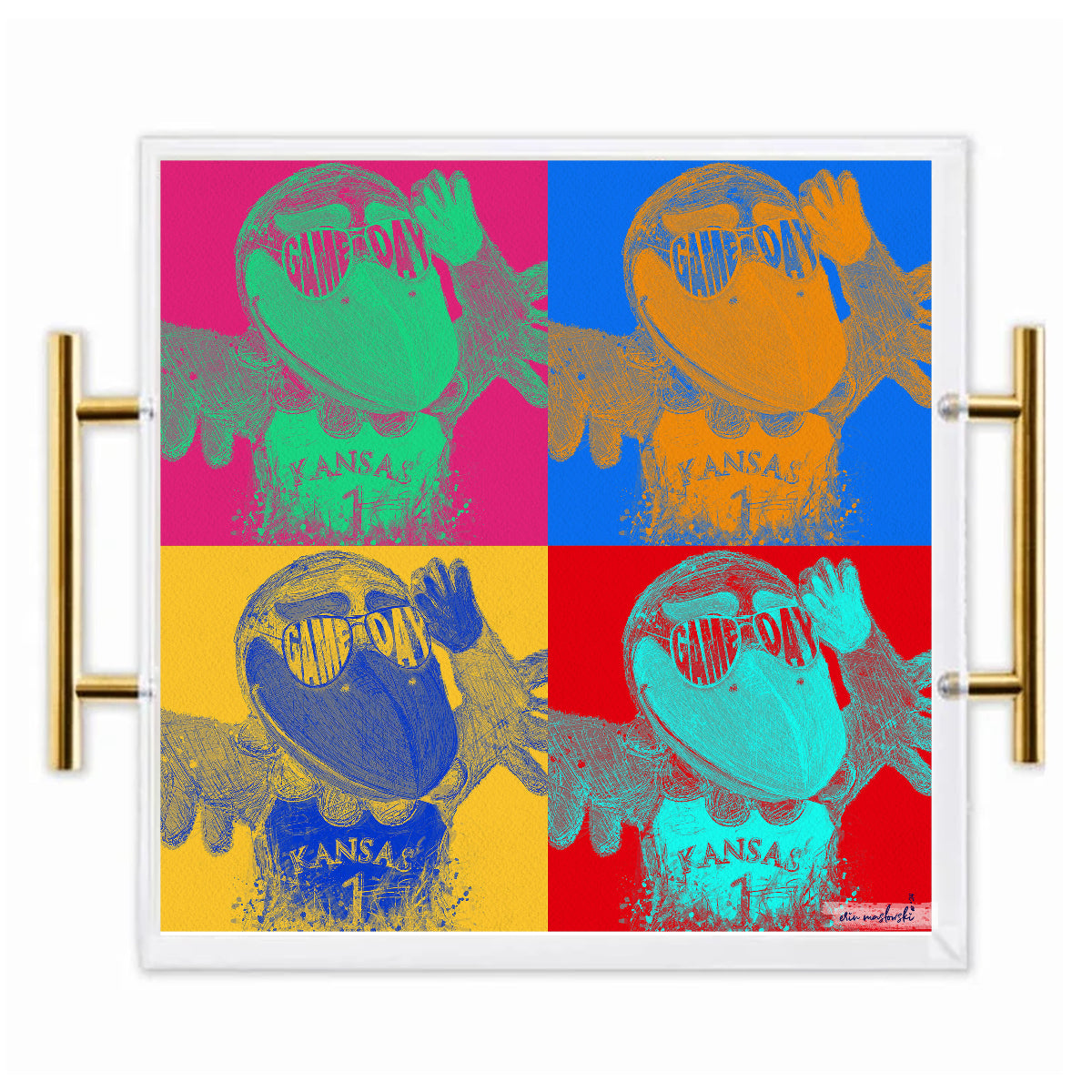 Kansas Jayhawk Acrylic Tray | Brushed Gold Handles | Double-Sided Art Print