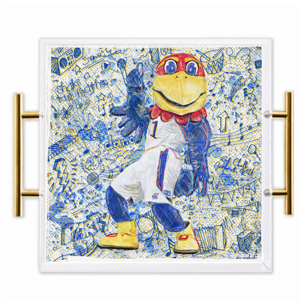Kansas Jayhawk Acrylic Tray | Brushed Gold Handles | Double-Sided Art Print