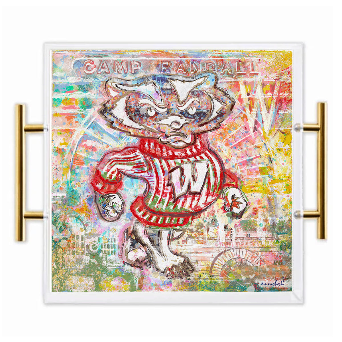Wisconsin Badgers Acrylic Tray | Brushed Gold Handles | Double-Sided Art Print