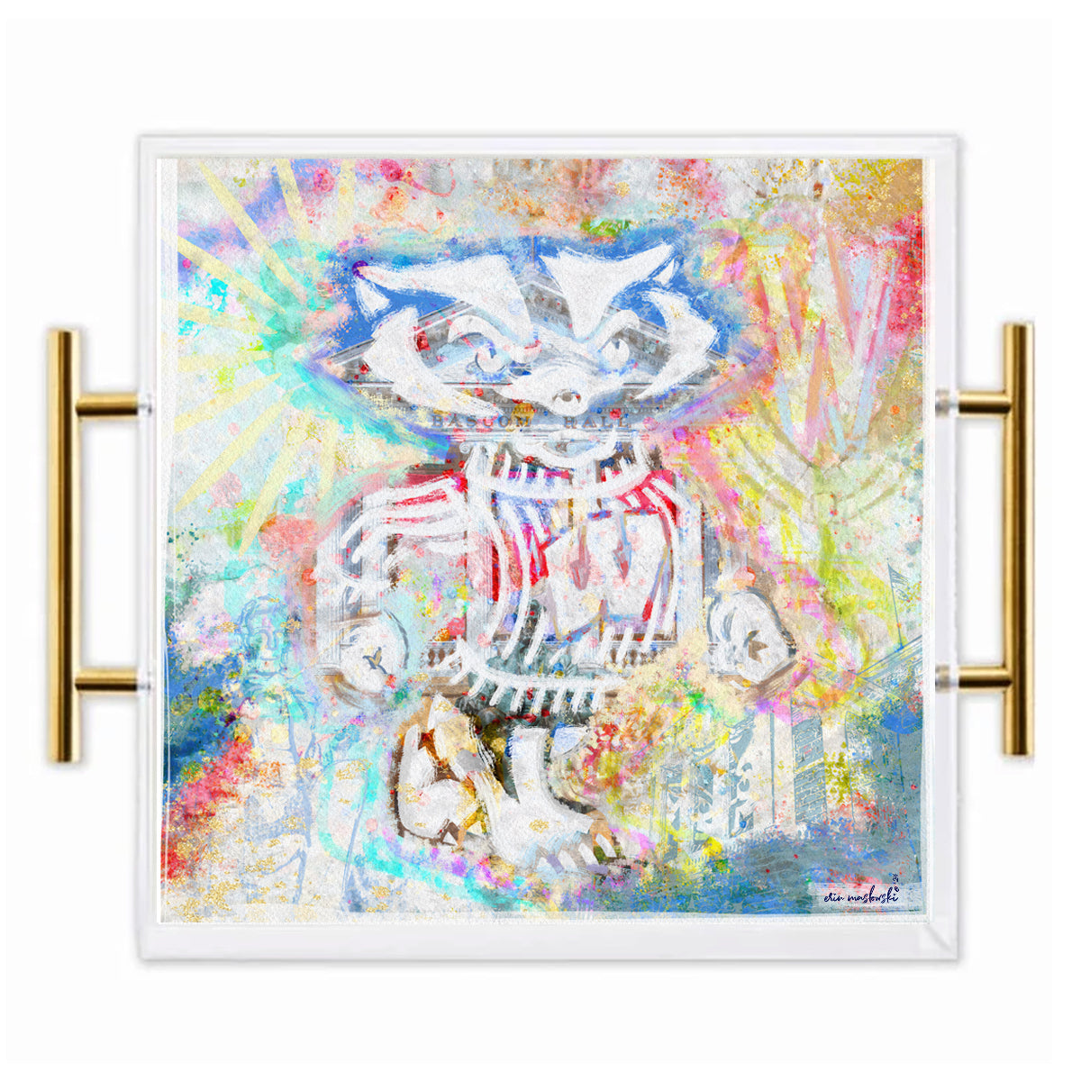 Wisconsin Badgers Acrylic Tray | Brushed Gold Handles | Double-Sided Art Print