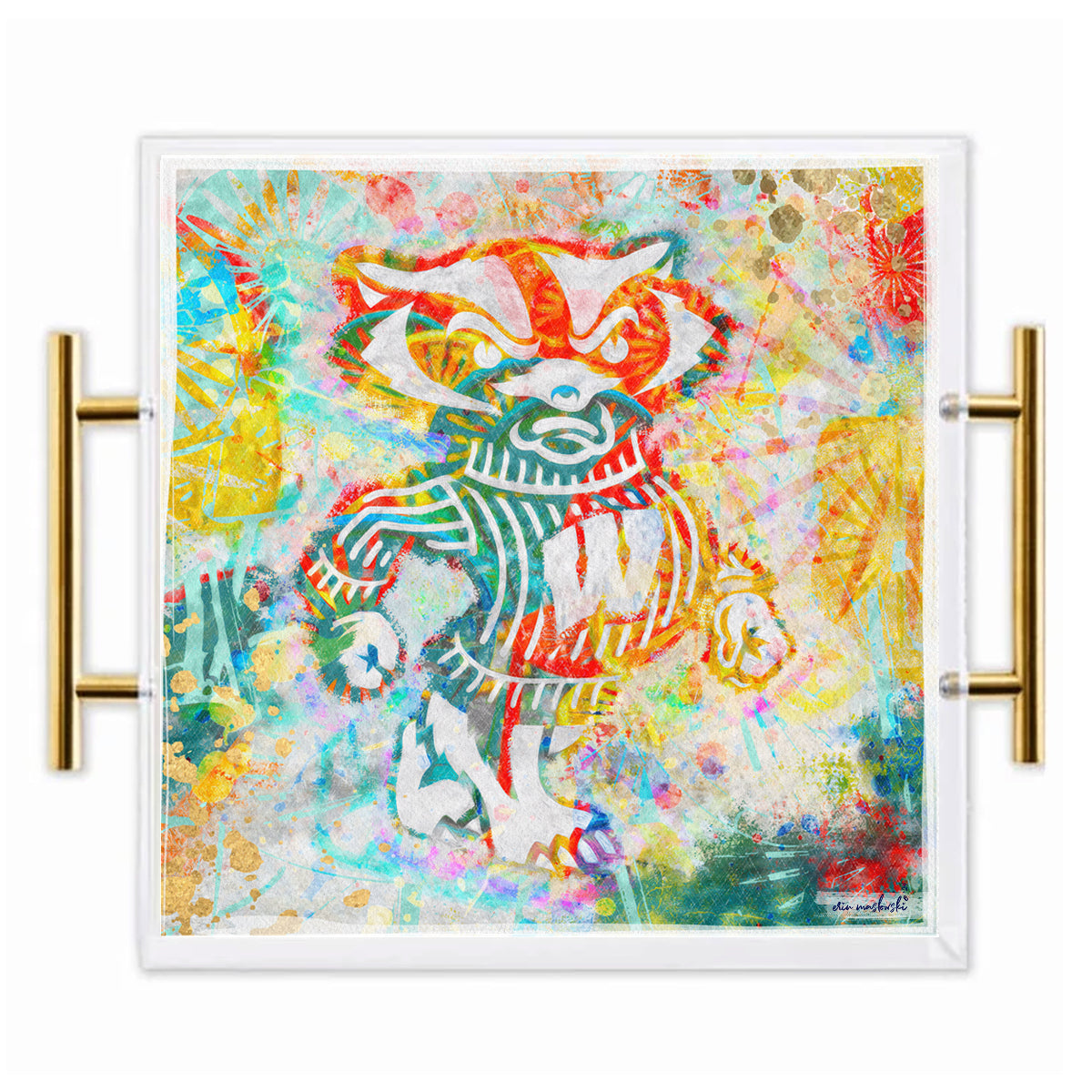 Wisconsin Badgers Acrylic Tray | Brushed Gold Handles | Double-Sided Art Print