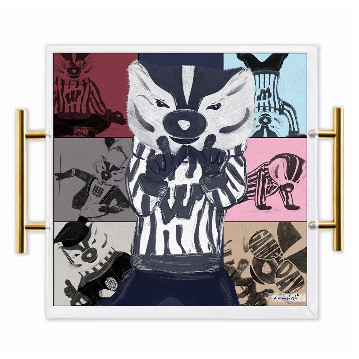 Wisconsin Badgers Acrylic Tray | Brushed Gold Handles | Double-Sided Art Print