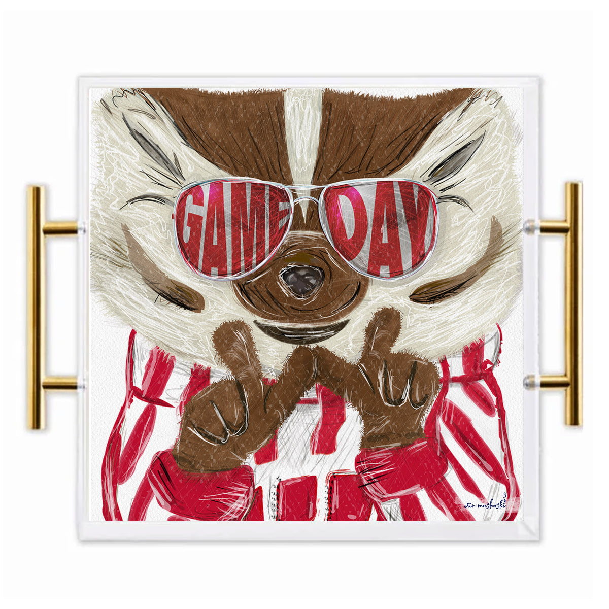 Wisconsin Badgers Acrylic Tray | Brushed Gold Handles | Double-Sided Art Print