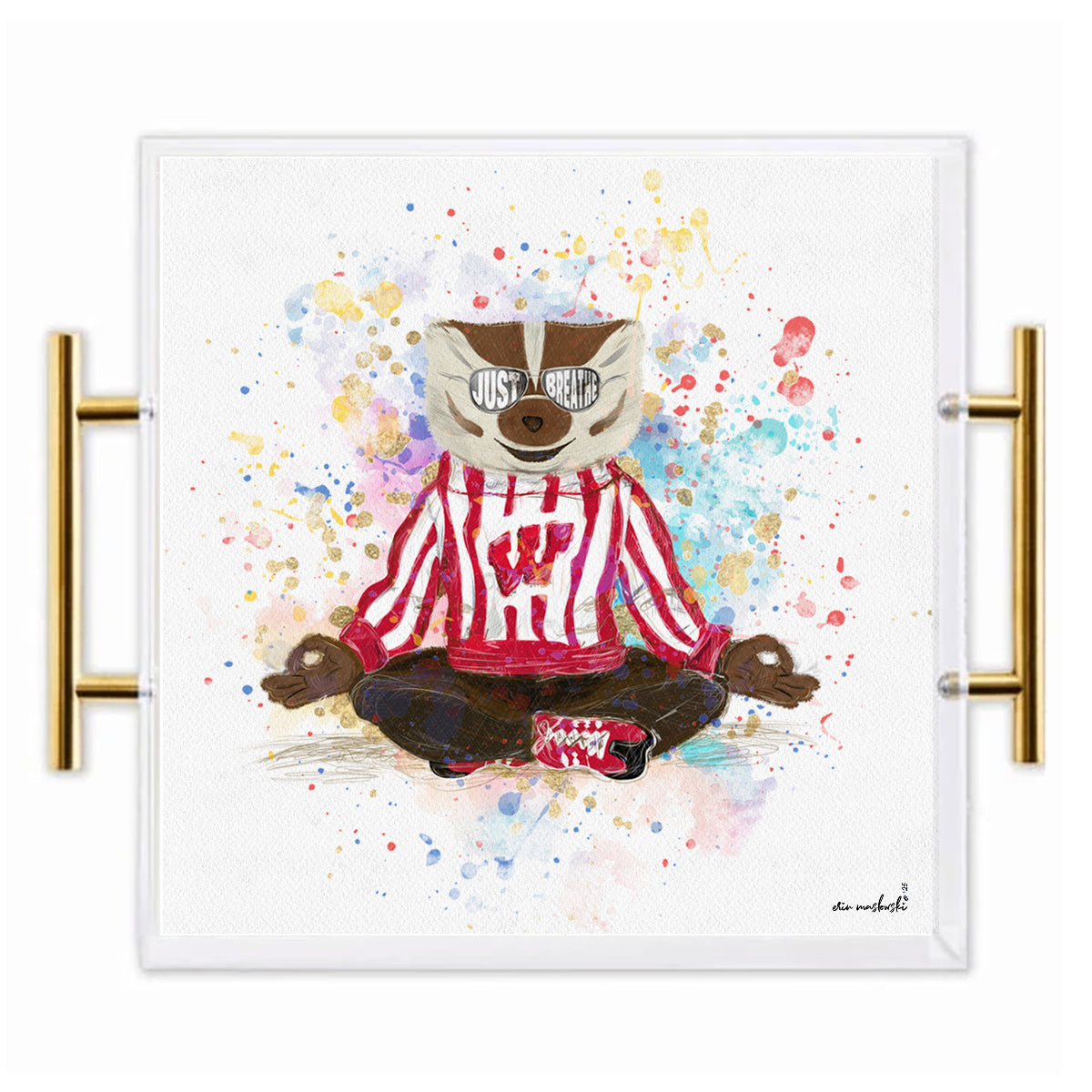 Wisconsin Badgers Acrylic Tray | Brushed Gold Handles | Double-Sided Art Print