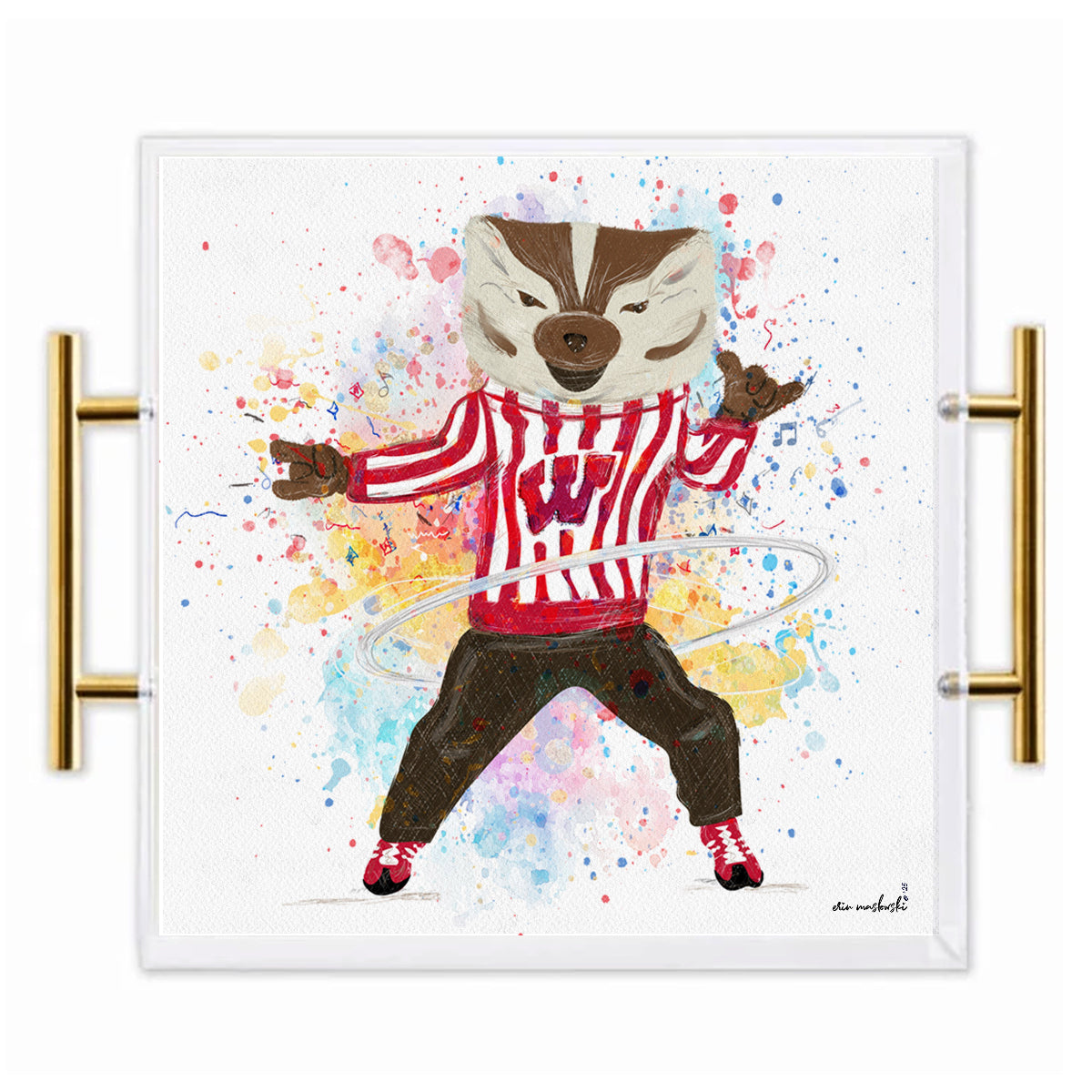 Wisconsin Badgers Acrylic Tray | Brushed Gold Handles | Double-Sided Art Print