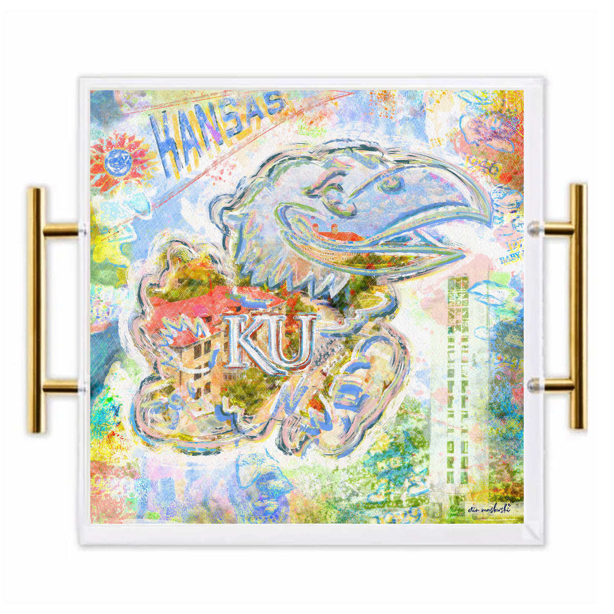Kansas Jayhawk Acrylic Tray | Brushed Gold Handles | Double-Sided Art Print