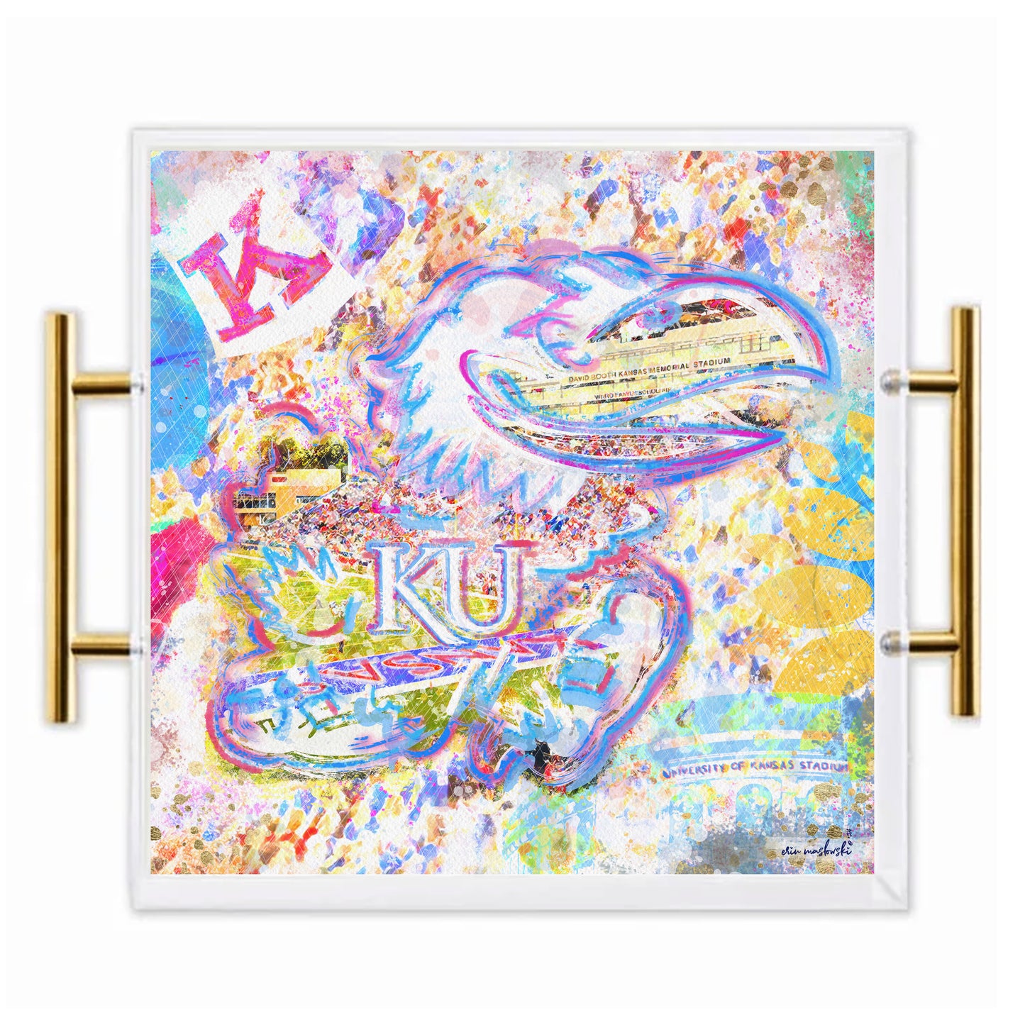 Kansas Jayhawk Acrylic Tray | Brushed Gold Handles | Double-Sided Art Print