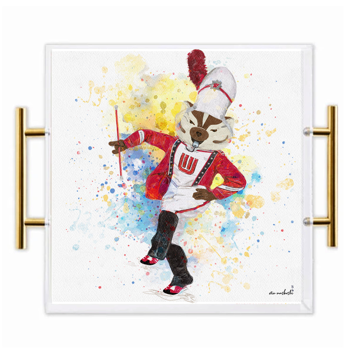 Wisconsin Badgers Acrylic Tray | Brushed Gold Handles | Double-Sided Art Print