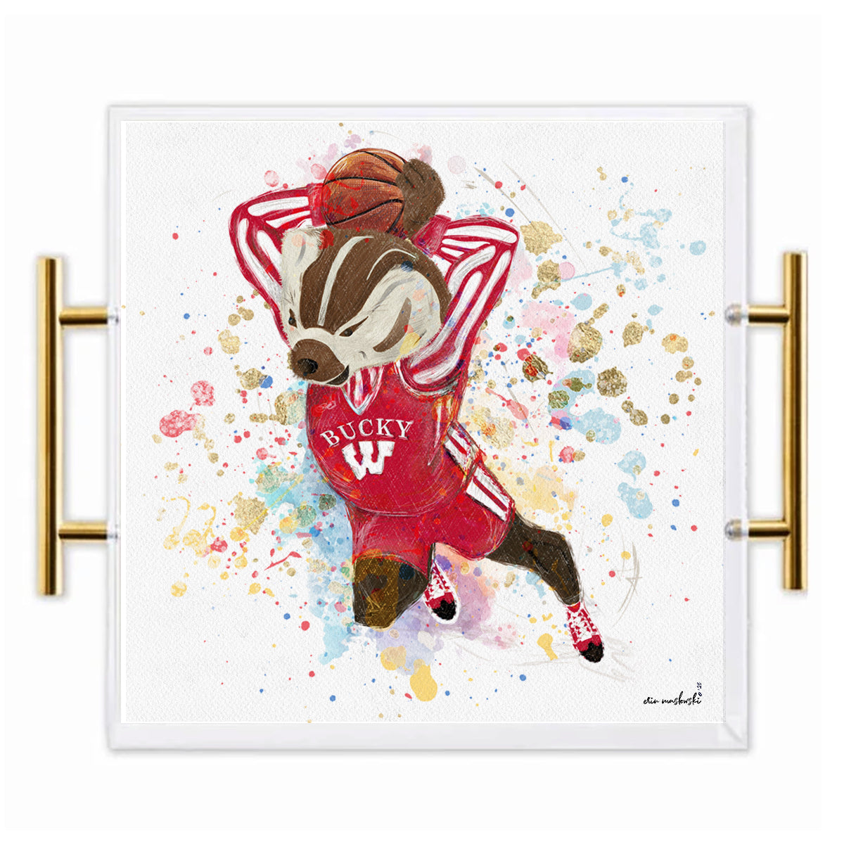 Wisconsin Badgers Acrylic Tray | Brushed Gold Handles | Double-Sided Art Print
