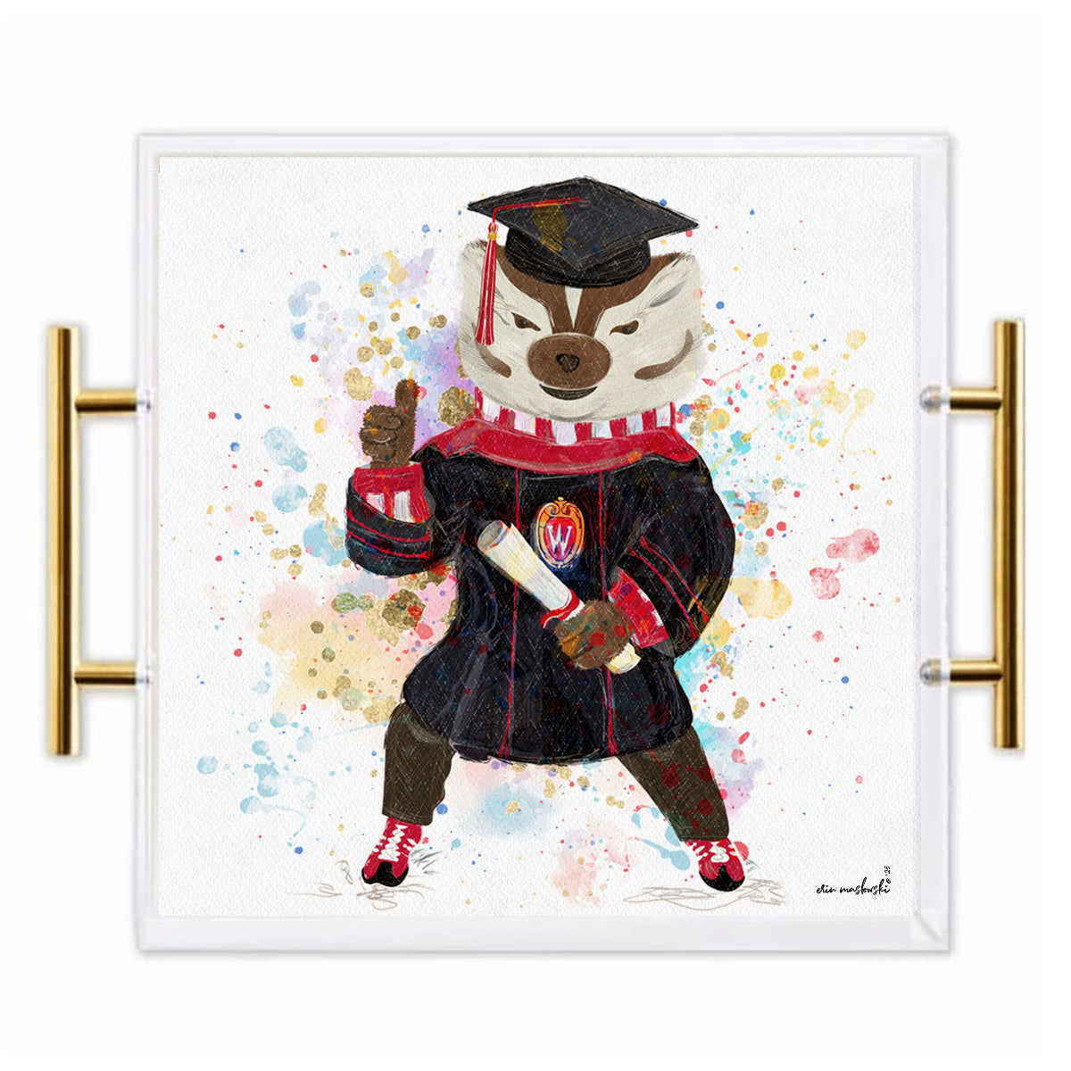 Wisconsin Badgers Acrylic Tray | Brushed Gold Handles | Double-Sided Art Print
