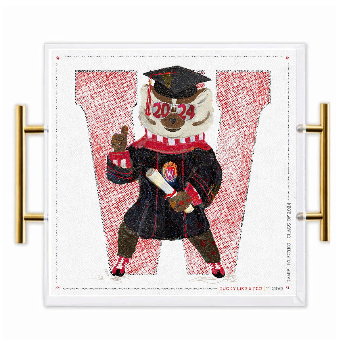 Wisconsin Badgers Acrylic Tray | Brushed Gold Handles | Double-Sided Art Print