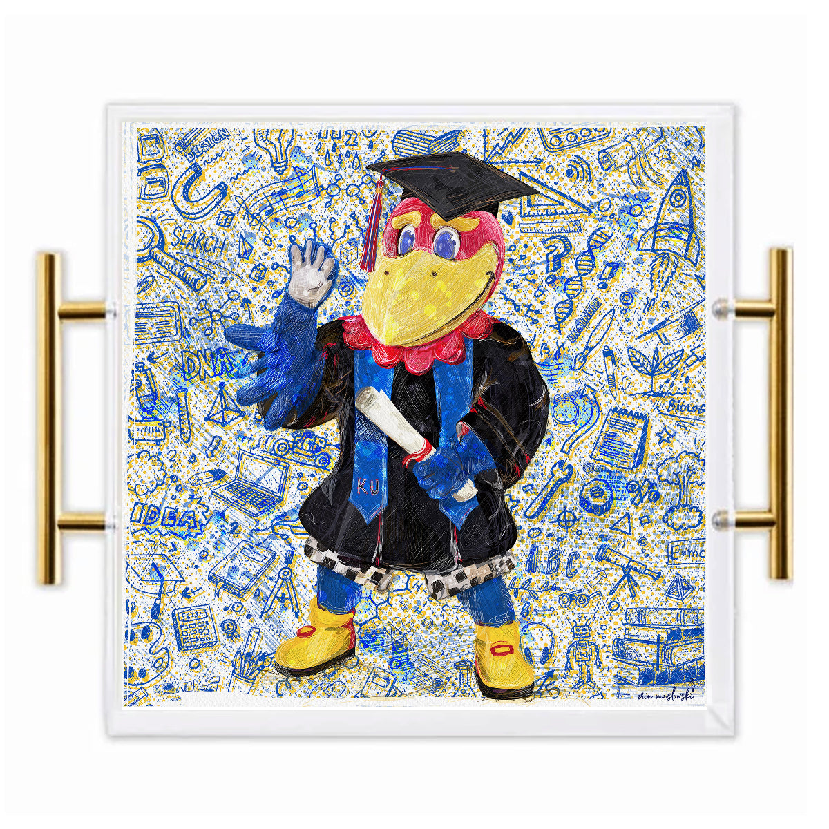 Kansas Jayhawk Acrylic Tray | Brushed Gold Handles | Double-Sided Art Print