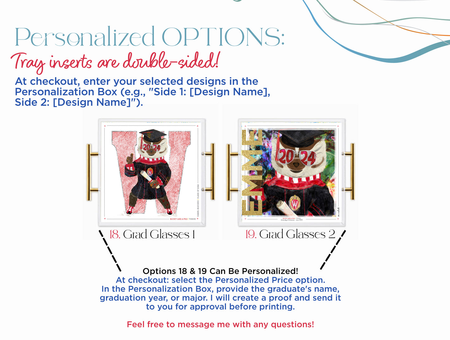 Wisconsin Badgers Acrylic Tray | Brushed Gold Handles | Double-Sided Art Print