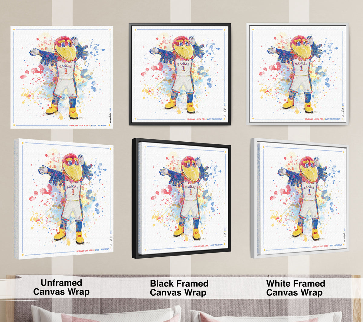 KU Jayhawk Wave the Wheat Art: University of Kansas Splatter Paint Canvas Print