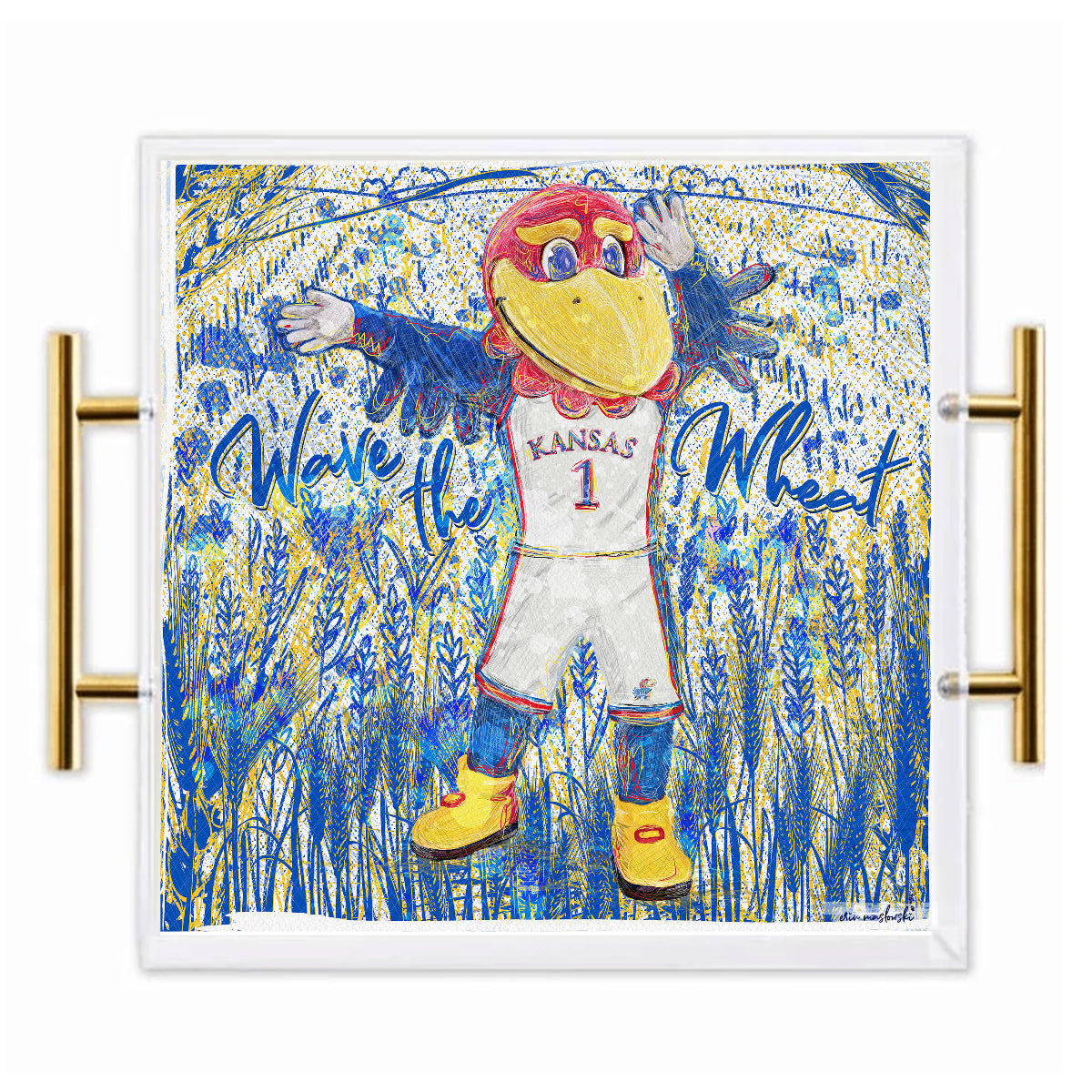 Kansas Jayhawk Acrylic Tray | Brushed Gold Handles | Double-Sided Art Print