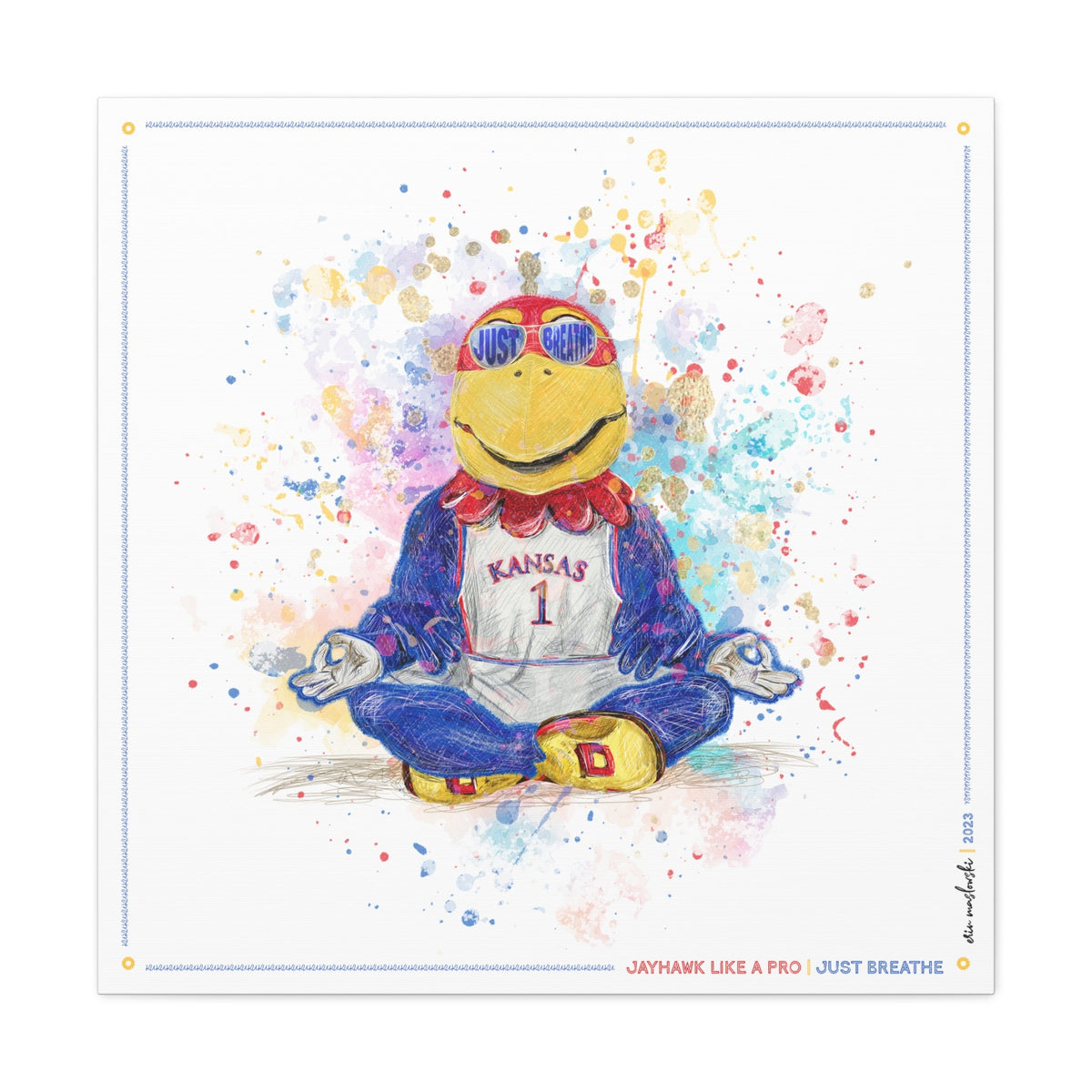 KU Jayhawk Just Breathe Art: University of Kansas Splatter Paint Canvas Print