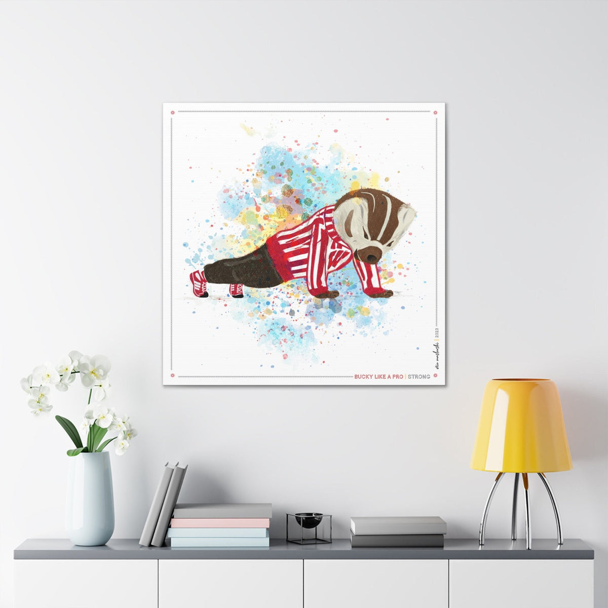 UW Bucky Badger Push-Ups Art: University of Wisconsin Strong Splatter Canvas Print