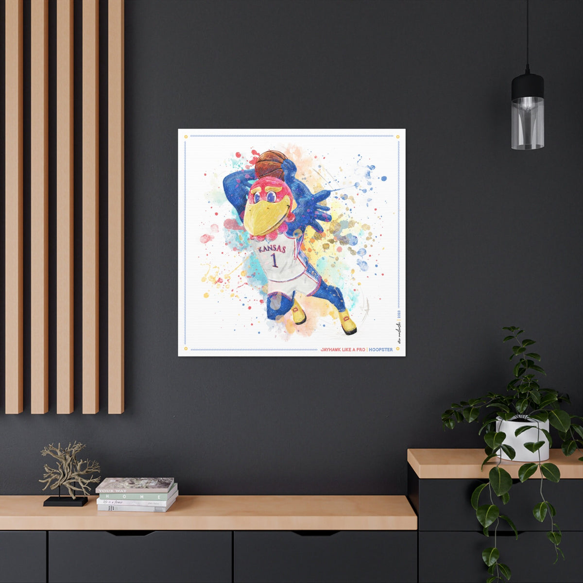 KU Jayhawk Hoopster Art: University of Kansas Basketball Splatter Paint Canvas Print