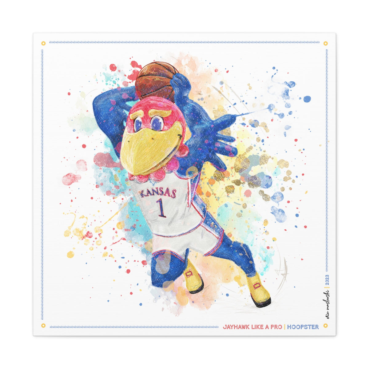 KU Jayhawk Hoopster Art: University of Kansas Basketball Splatter Paint Canvas Print