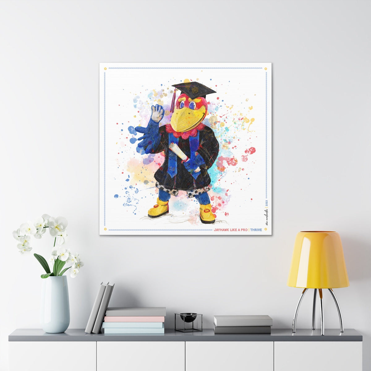 KU Jayhawk Thrive Art: University of Kansas Graduation Splatter Paint Canvas Print