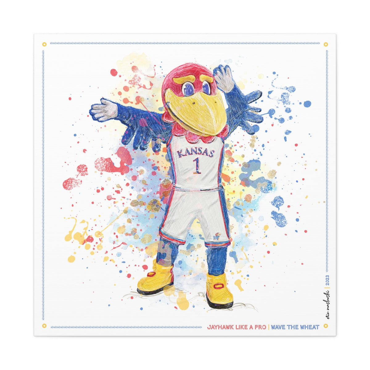 KU Jayhawk Wave the Wheat Art: University of Kansas Splatter Paint Canvas Print