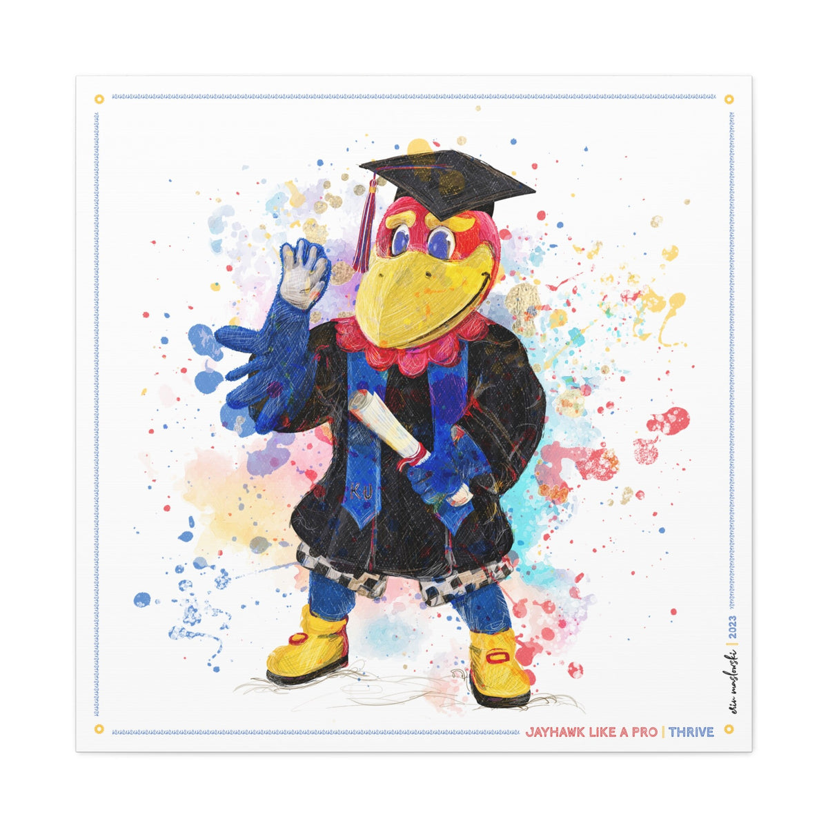 KU Jayhawk Thrive Art: University of Kansas Graduation Splatter Paint Canvas Print