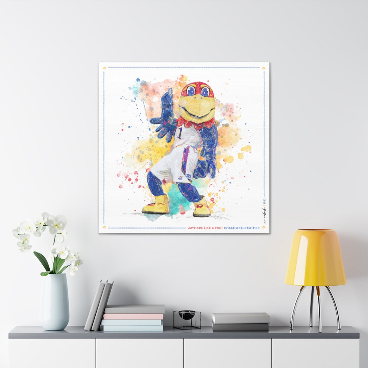 KU Jayhawk Shake-a-Tailfeather Art: University of Kansas Dance Splatter Canvas Print