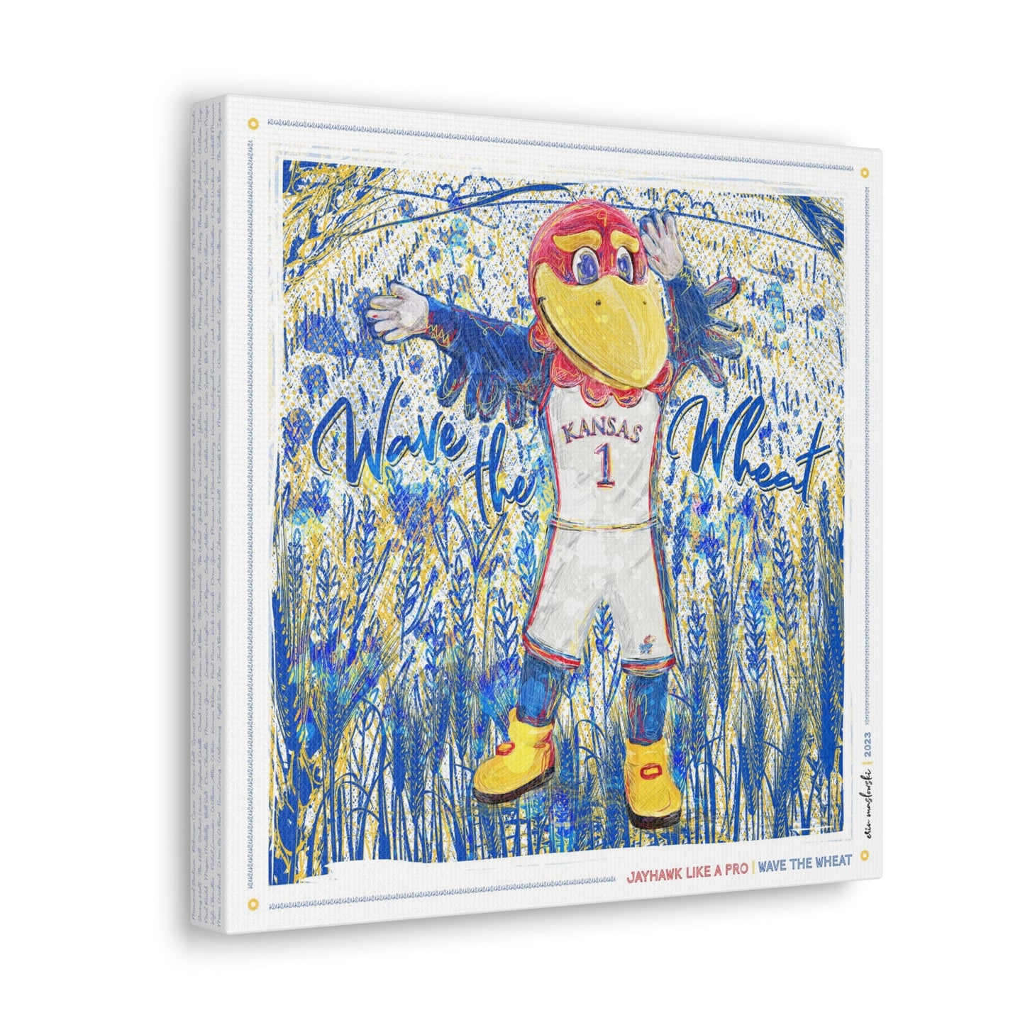 A canvas print featuring a colorful illustration of a Jayhawk mascot with a blue and yellow background, and the text 'Wave the Wheat'.