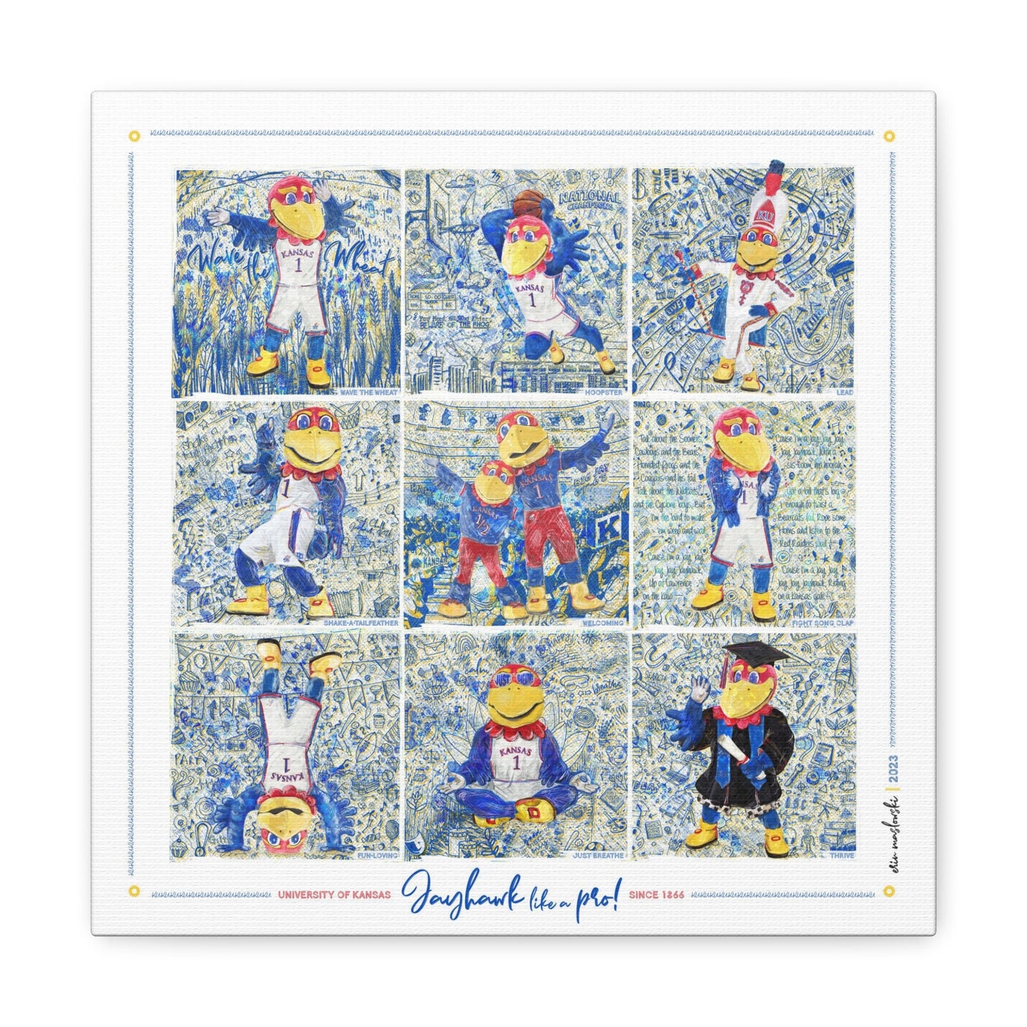 Jayhawk like a Pro | Blue Sketches | KU Jayhawks Art | Kansas Mascot | KU Gift | | Graduation | Canvas Print No | Frame Needed