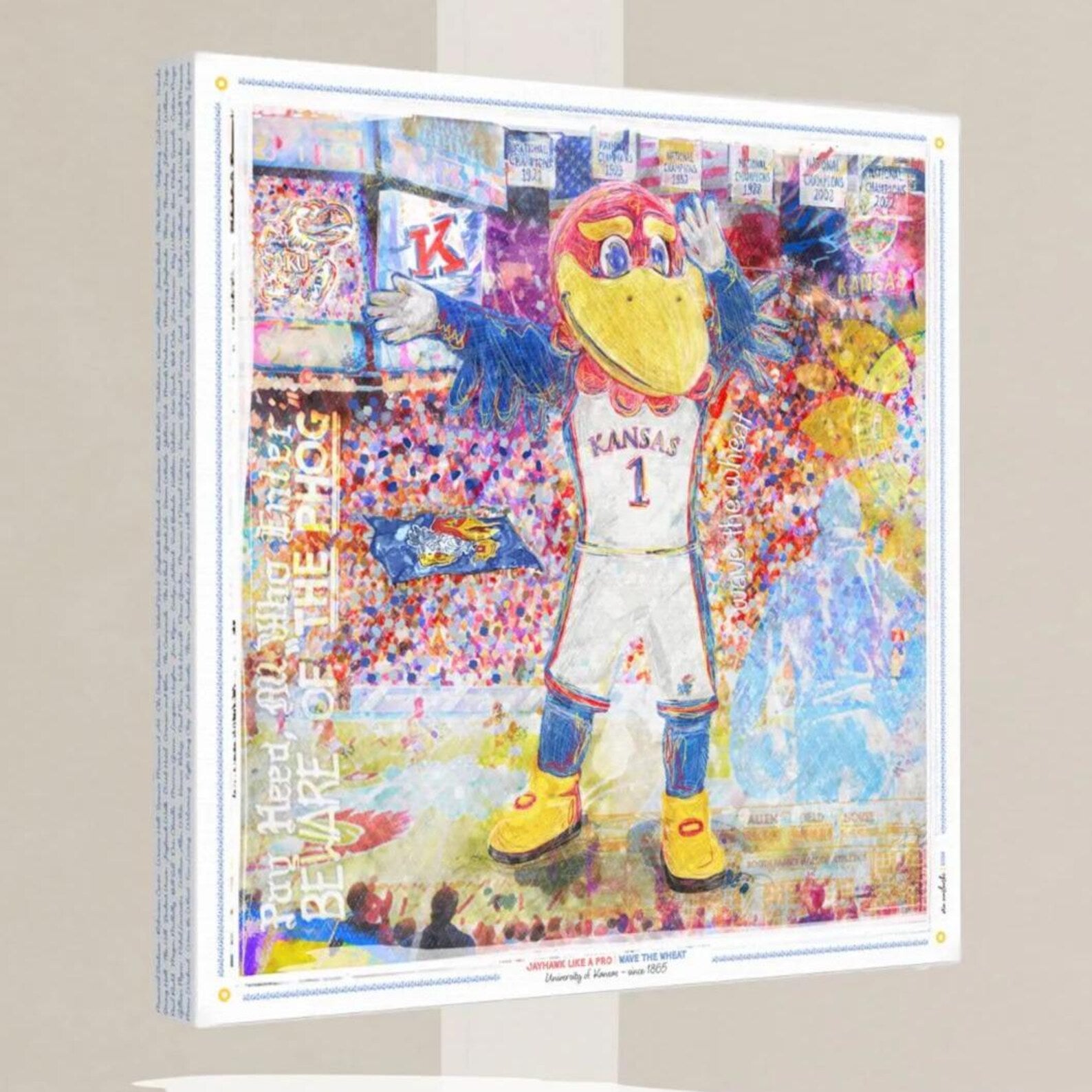 The image is a colorful, vibrant collage featuring a large bird mascot character, likely representing the Kansas City Royals basketball team. The mascot is depicted in a dynamic pose, surrounded by various elements such as a crowd, a scoreboard, and other sports-related imagery. The collage is a lively and energetic representation of the team's spirit and enthusiasm.