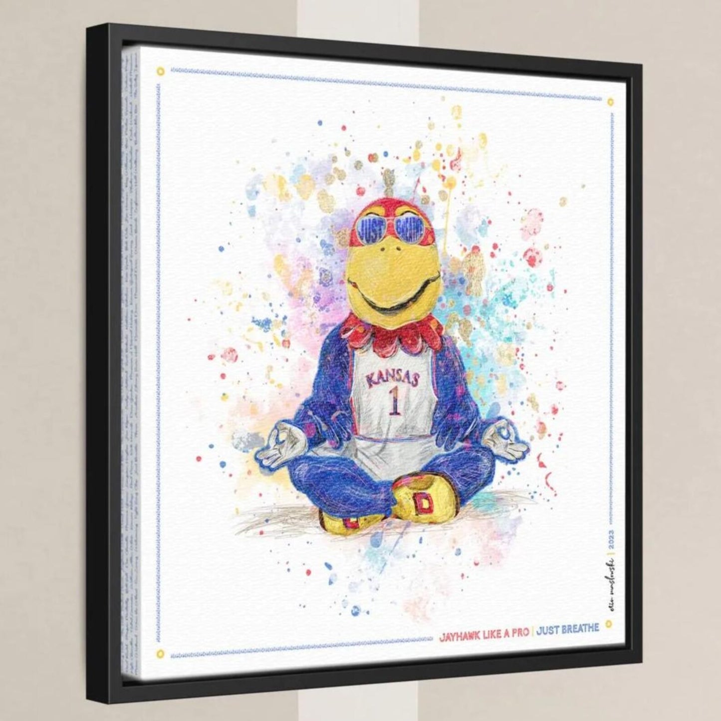 A colorful illustration of a bird character wearing a Kansas City Royals jersey and sunglasses, sitting in a meditative pose with its hands in a "V" shape.