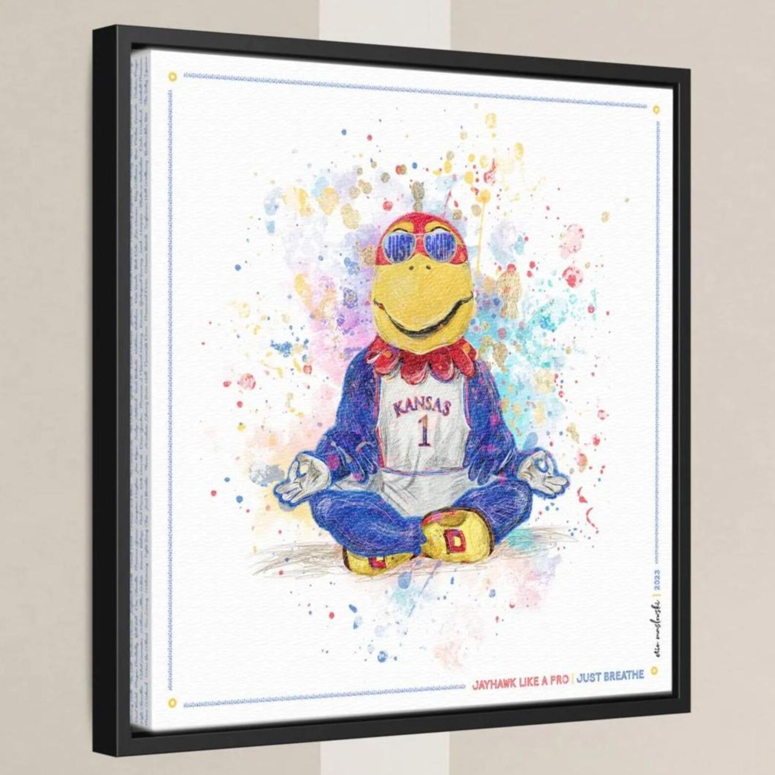 A colorful illustration of a bird character wearing a Kansas City Royals jersey and sunglasses, sitting in a meditative pose with its hands in a "V" shape.