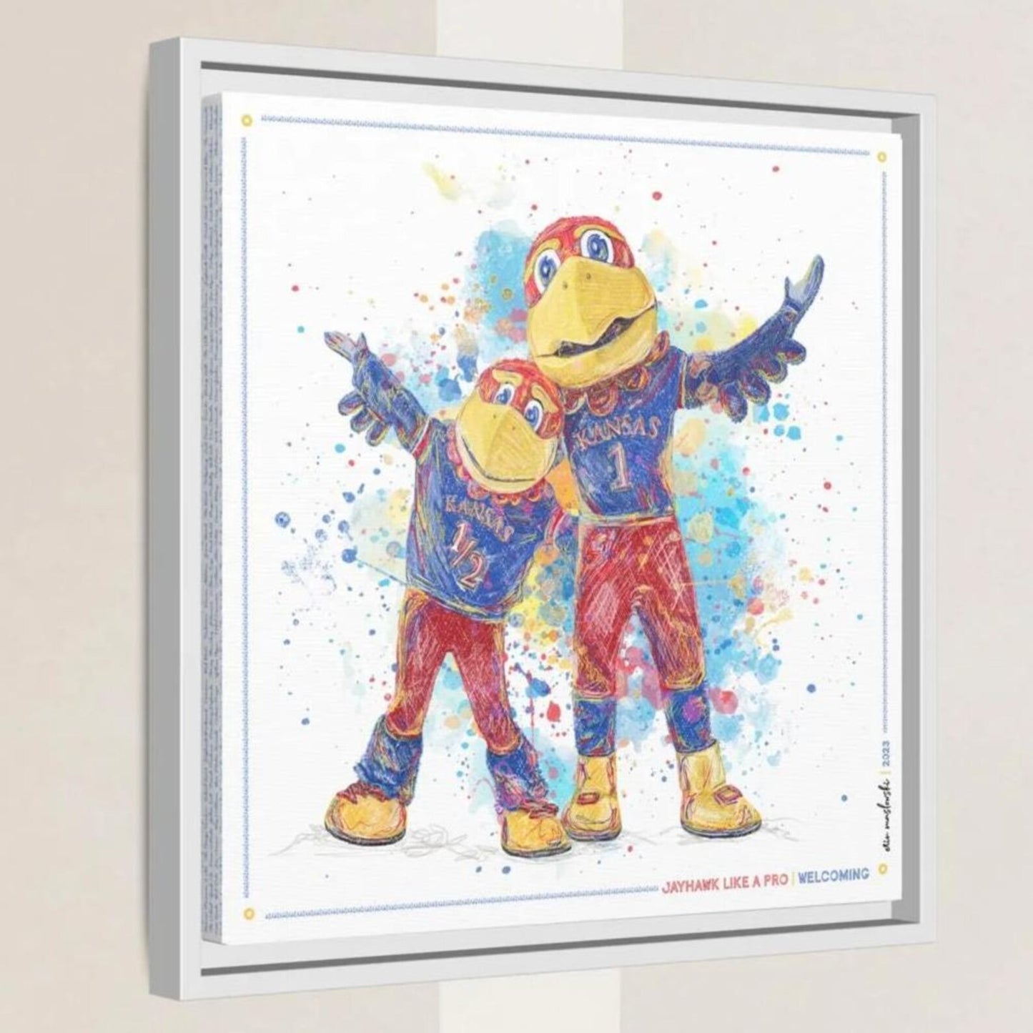 The image is a framed artwork depicting two colorful bird mascots, likely representing Kansas City Royals, with one mascot standing on its hind legs and the other standing on its feet.