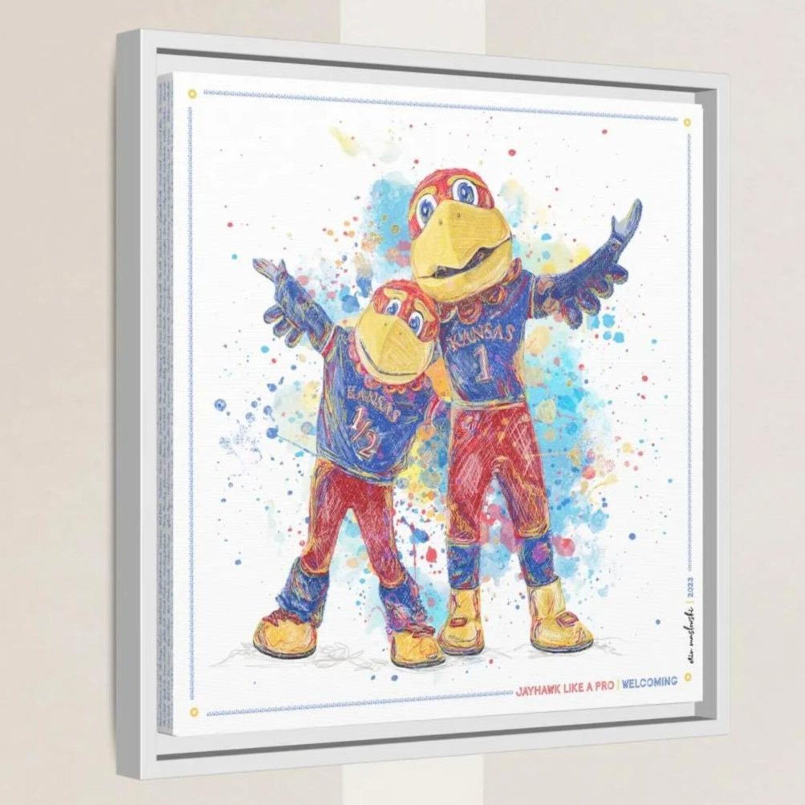 The image is a framed artwork depicting two colorful bird mascots, likely representing Kansas City Royals, with one mascot standing on its hind legs and the other standing on its feet.