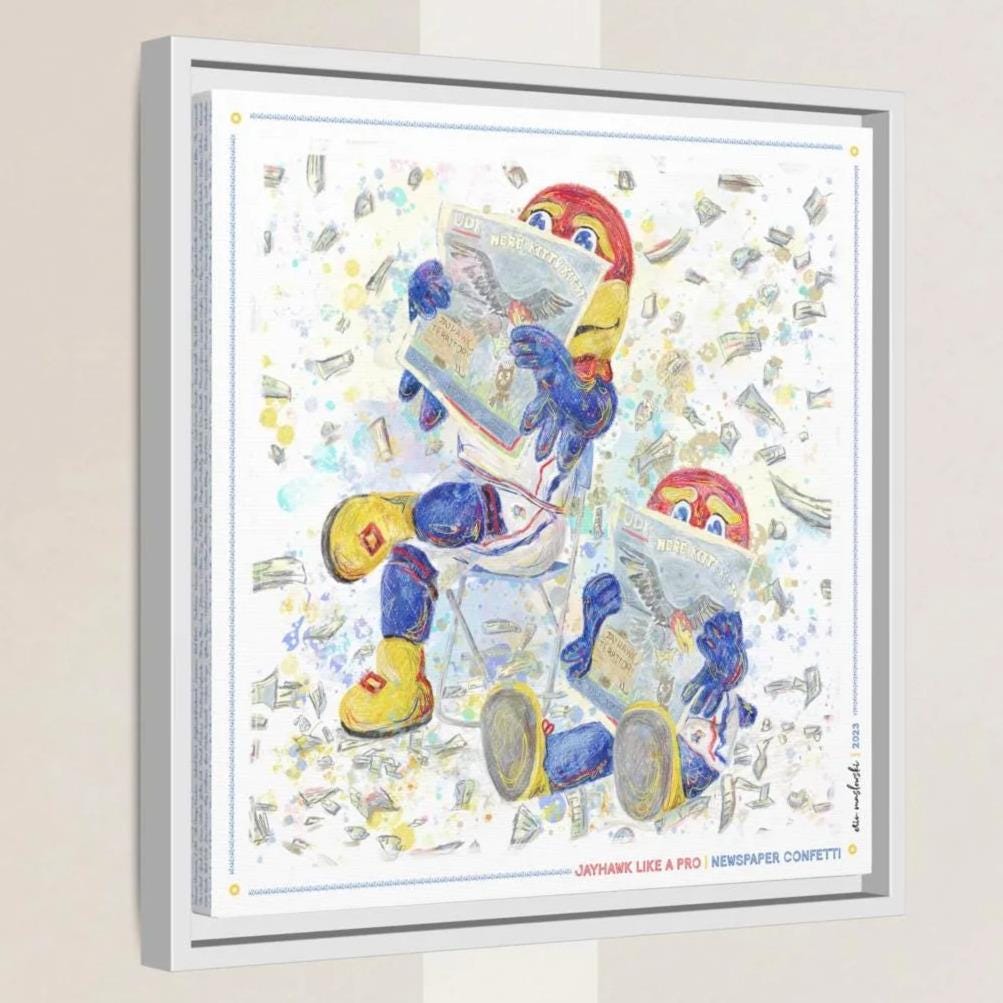 The image is a framed artwork depicting two cartoon characters, one standing and one sitting, both holding newspapers. The background is filled with various objects, creating a colorful and dynamic scene.